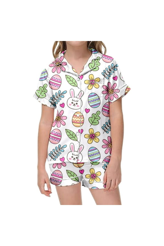 Kids Silk Pajamas Girls Easter Day Short Sleeve Family Easter Outfits Matching Sets Lightweight Cartoon Bunny Button Down Two-Piece Pj Sleepwear Sets 6-7 Years