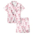 thumbnail image 1 of Baby Girl Pajamas Silk Button Down Short Sleeve Pjs Loose Bow Print Sleepwear Set 2 Piece Satin Pajama Outfits Pink,110, 1 of 5