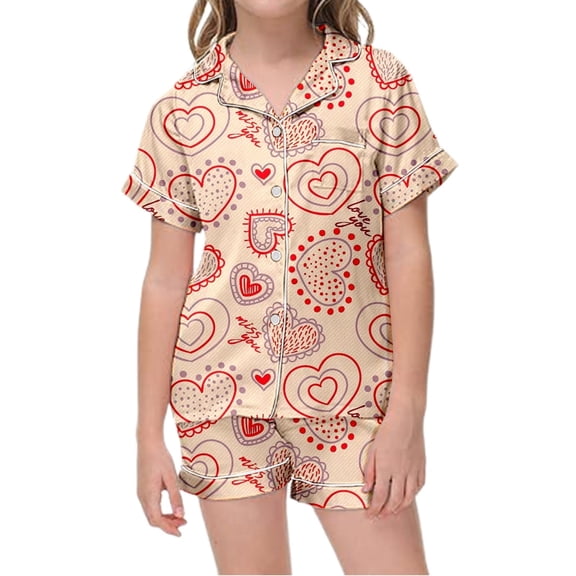 Kids Silk Pajamas Girls Set Valentines Day Pjs Short Sleeve Shirts and Shorts Nightwear Set Loose Cute Printed Children Loungewear Sleepwear for Kids and Girls 6-7 Years