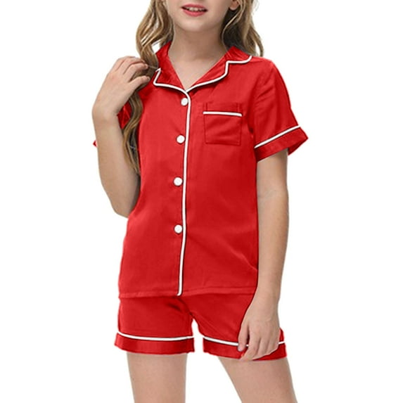 Kids Silk Pajamas Girls Solid Color Kids Button Down Pajamas Set Girls Casual Pajamas Set Little Girls Christmas Pajamas 8-9 Years Cute Girl Clothing