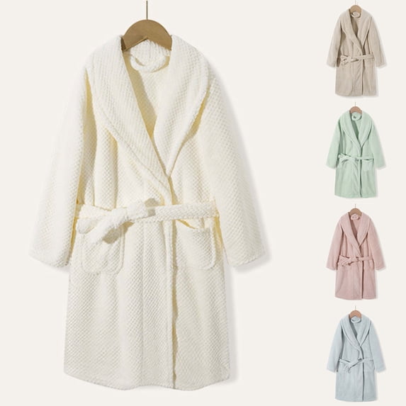Kids Simple Solid Waffle Fleece Bathrobe Long Sleeve Shawl Lapel Design Two Front Pockets Cozy Night Robe