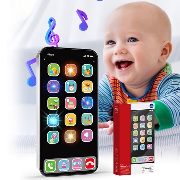 Kids Simulation Phone Toy, Early Education Learning Machine, Toddler Musical Toy, Black Plastic LED Light Cell Phone Toy, 3 Learning Modes with Alphabet Sound Effect Soothing Music