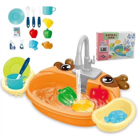 Kids Sink with Running Water, Frog Play Kitchen Sink Toy with 180 Rotating Faucet & Automatic Water Cycle, Pretend Play Food & Accessories, Educational STEM Gift for Toddlers Boys Girls Age 3