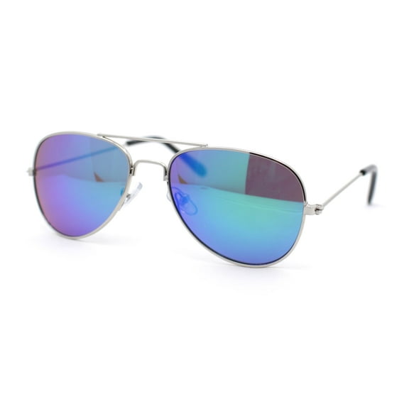 Kids Size Color Mirror Classic Tear Drop Shape Officer Pilots Wire Rim Sunglasses Silver - Teal Mirror