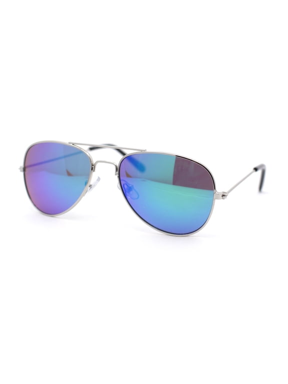 Kids Size Color Mirror Classic Tear Drop Shape Officer Pilots Wire Rim Sunglasses Silver - Teal Mirror