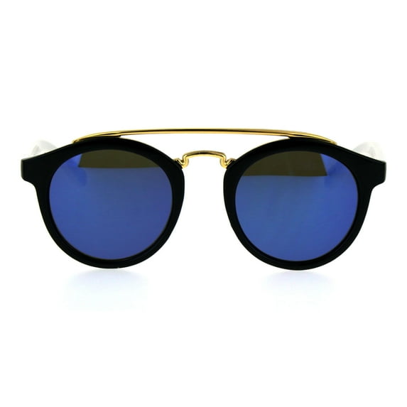 Kids Size Color Mirror Plastic Round Keyhole Horn Rim Metal Top Bridge Sunglasses Black Blue