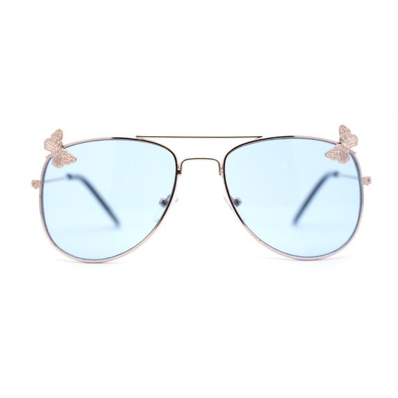 Kids Size Girls Butterfly Metal Jewel Pin Aviator Sunglasses Gold - Blue