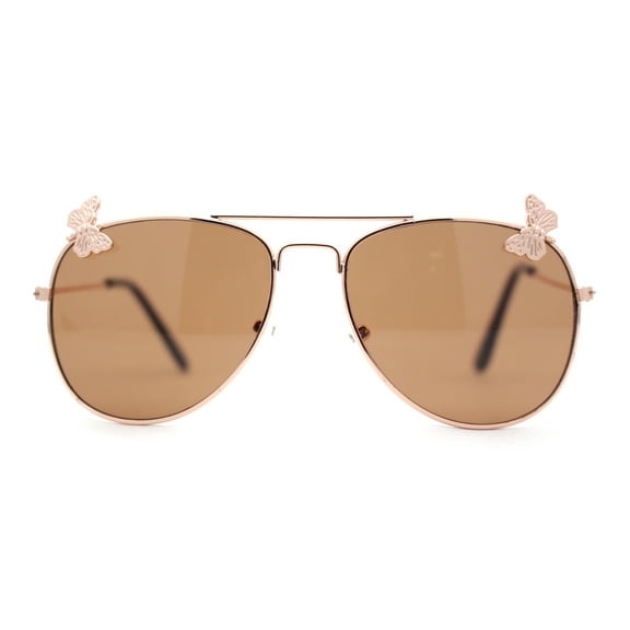 Kids Size Girls Butterfly Metal Jewel Pin Aviator Sunglasses Gold - Brown