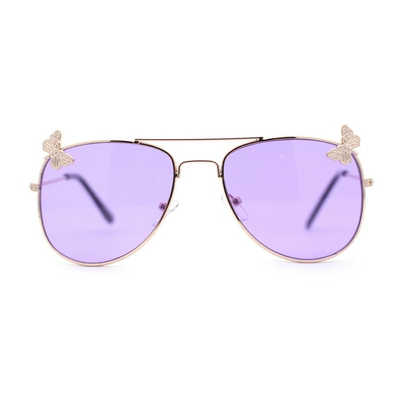 Kids Size Girls Butterfly Metal Jewel Pin Aviator Sunglasses Gold - Purple