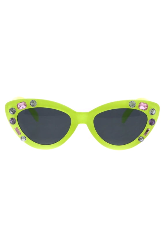 Kids Size Girls Large Rhinestone Bling Thick Plastic Mod Cat Eye Sunglasses Lime Green Black
