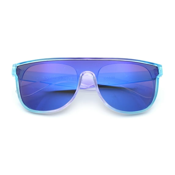 Kids Size Tie Dye Color Flat Top Shield Horn Rim Plastic Sunglasses Purple Blue - Blue Mirror