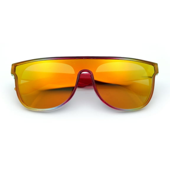 Kids Size Tie Dye Color Flat Top Shield Horn Rim Plastic Sunglasses Red Green - Orange Mirror