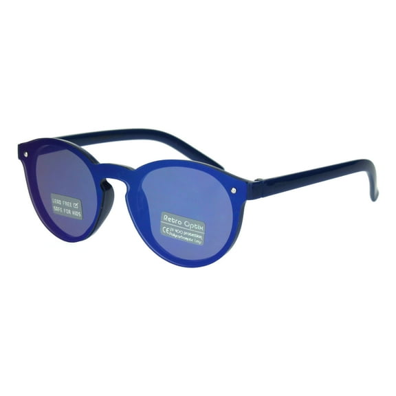Kids Size Unisex Round Keyhole Thin Horn Rim Hipster Sunglasses Navy Blue Mirror