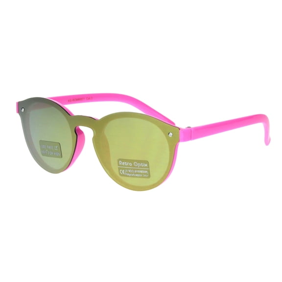 Kids Size Unisex Round Keyhole Thin Horn Rim Hipster Sunglasses Pink Gold Mirror