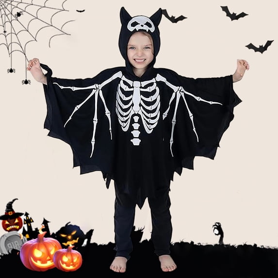 Kids Skeleton Bat Wing Jumpsuit cost-ume – Spooky Halloween Role Play Outfit for Kids Aged 4-10 Years, Soft Polyester Party Dress Up