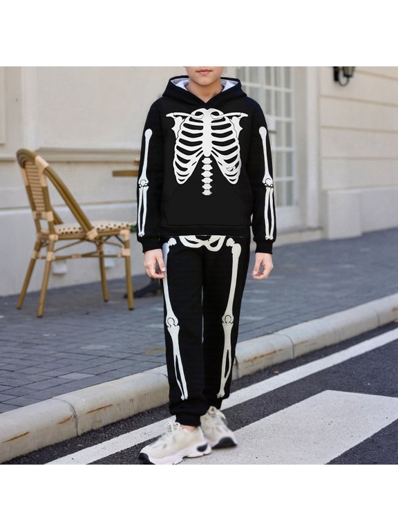 Kids Skeleton Print Hooded cost-ume Set – Fun Halloween cosp^lay wear for Boys Aged 3-13 Years, Hooded Top and Pants Set