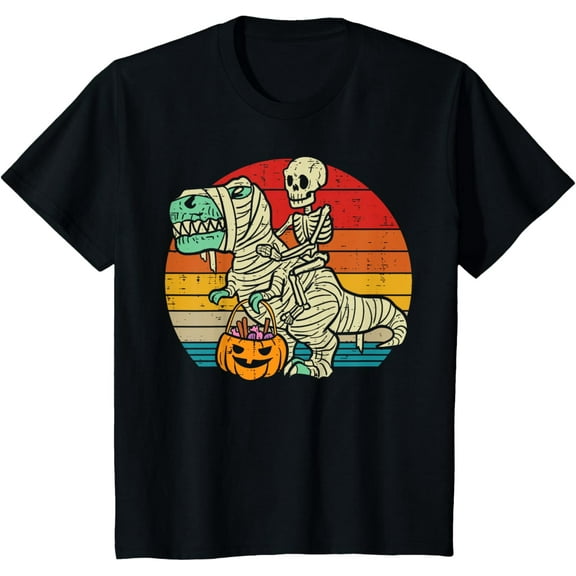 Kids Skeleton Riding Dino Mummy Retro Toddler Boys Halloween Kids T-Shirt