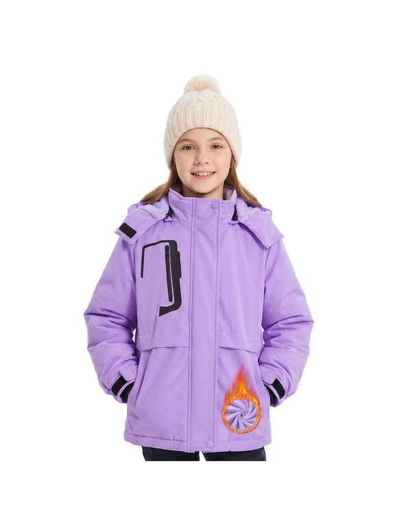 Kids Ski Jacket Boys Girls Fleece Lined Snow Coat with Detachable Hood and Zipper Pockets for Skiing Snowboarding Winter Outdoor Activities