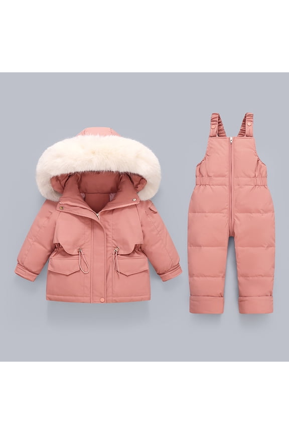 Kids' Ski Set – 2 Piece Unisex Boys' and Girls' Insulated Waterproof Snow Bib with Hooded Jacket Boys Girls Fashion Solid Color Down Jackets Keep Thickening Warm Outdoor Coat Jumpsuit Set