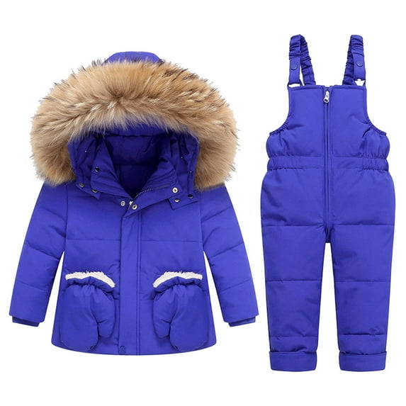 Kids' Ski Set–2 Piece Unisex Boys' and Girls' of Snow Bib with Hooded Jacket Boys Girls Fashion Solid Color Down Jackets Keep Thickening Warm Outdoor Coat Jumpsuit Glove Set Blue 2 Years