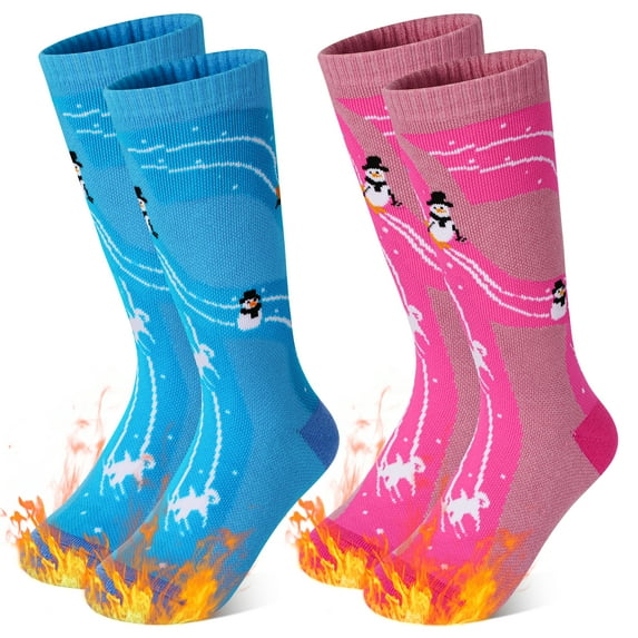Kids Ski Socks 2 Pairs Girls Warm Thick Snow Socks for 3-12 Years Boys Girls