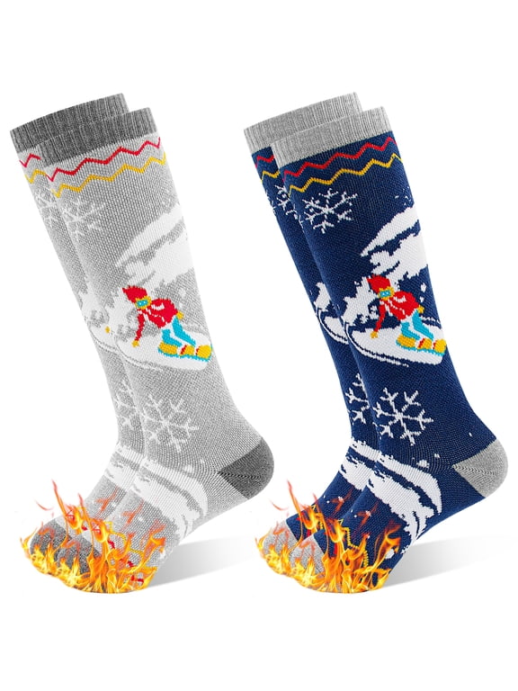 Kids Ski Socks, 2 Pairs Warm Thick Snow Socks for Boys Girls Toddler Winter Skiing Snowboarding