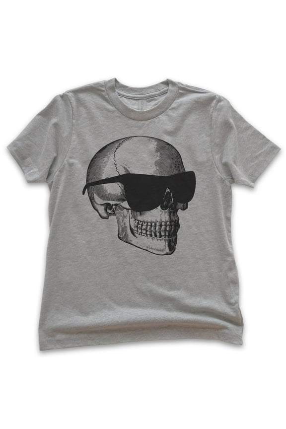 Kids Skull With Sunglasses Shirt, Youth Kids Boy Girl T-Shirt, Halloween Shirt, Skull Graphic Shirt, Dark Heather Gray, Medium