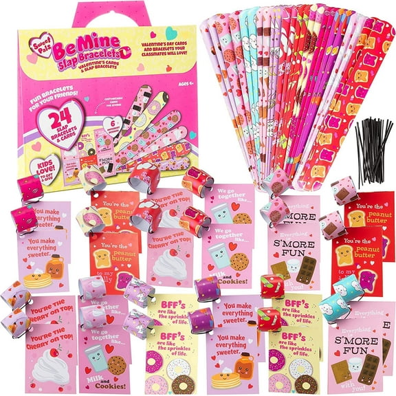 Kids Slap Bracelet Valentine's Day Cards- Sweet Pals (24ct)- Each Valentine includes Card & Matching Unisex Slap Toy- Make Classroom School Exchange Gifts Fun for Boys & Girls- Enough for Whole Class