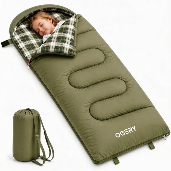 Kids Sleeping Bag 3 Seasons Lightweight Washable Cotton Lining Forest Green