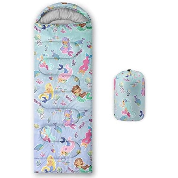 Kids Sleeping Bag for Boys Girls,Watercolor Mermaid Print-Lightweight Warm Portable Outdoor Indoor-Waterproof Cold Weather Resistant Sleeping Bag for Camping Hiking(Mermaid2)