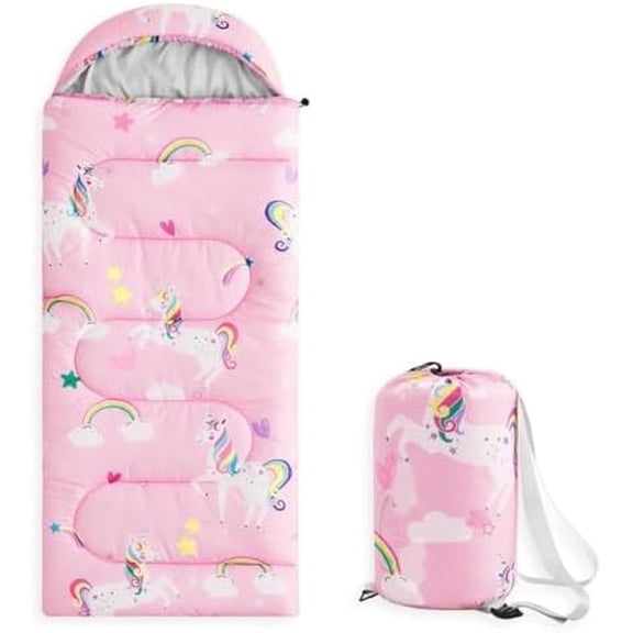 - Kids Sleeping Bag for Girls Toddlers, Camping in Warm Cold Weather, Backpacking Lightweight Compact Outdoor Liner for 3 Seasons, Unicorns Rainbow Clouds