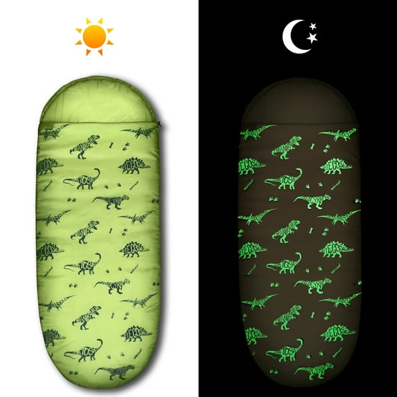 Kids Sleeping Bags for Boys w. Carrying Backpack - GLOWING-IN-THE-DARK- Dinosaur