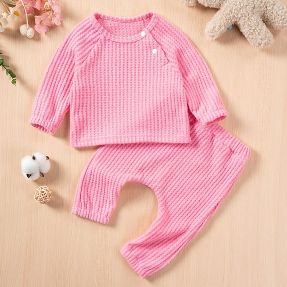 Kids Sleepwear New Fall and Winter Baby Solid Color Boys and Girls Suit Cute Long Sleeved Round Neck Casual Two-Piece Set Style B-18 Pinky 1 Years