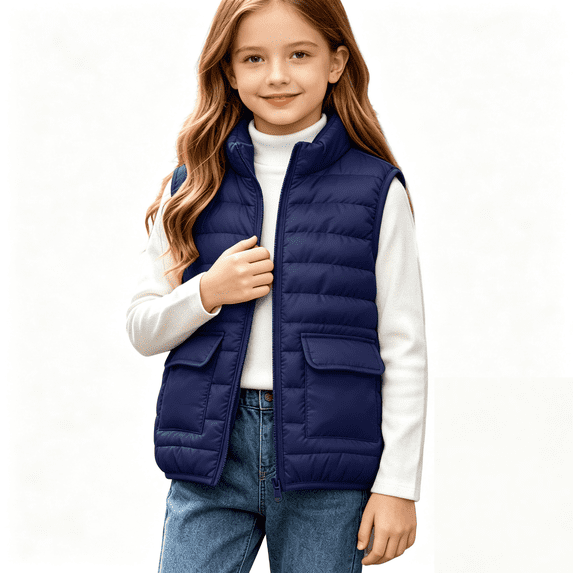Kids Sleeveless Puffer Vest Zip Up Quilted Jacket with Flap Pockets Size 10-12