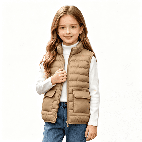 Kids Sleeveless Puffer Vest Zip Up Quilted Jacket with Flap Pockets Size 10-12
