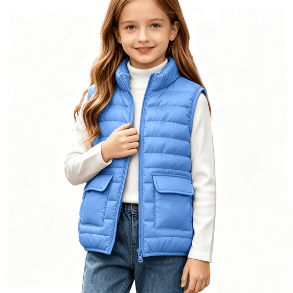 Kids Sleeveless Puffer Vest Zip Up Quilted Jacket with Flap Pockets Size 8-9