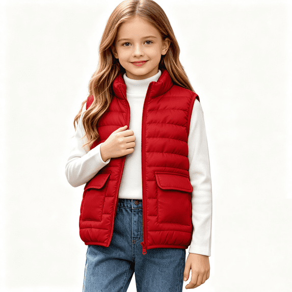 Kids Sleeveless Puffer Vest Zip Up Quilted Jacket with Flap Pockets Size 12-14