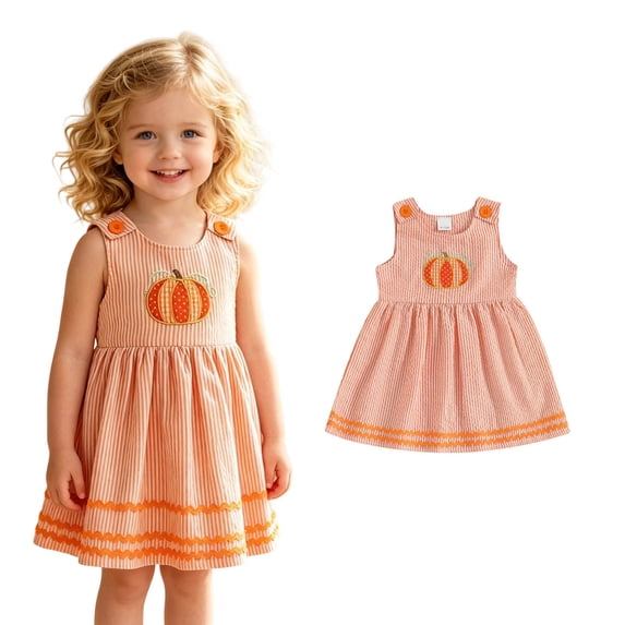Kids Sleeveless Pumpkin Embroidered Dresses Halloween Party Clothes Halloween Outfits for Girls Size 1-5 Years