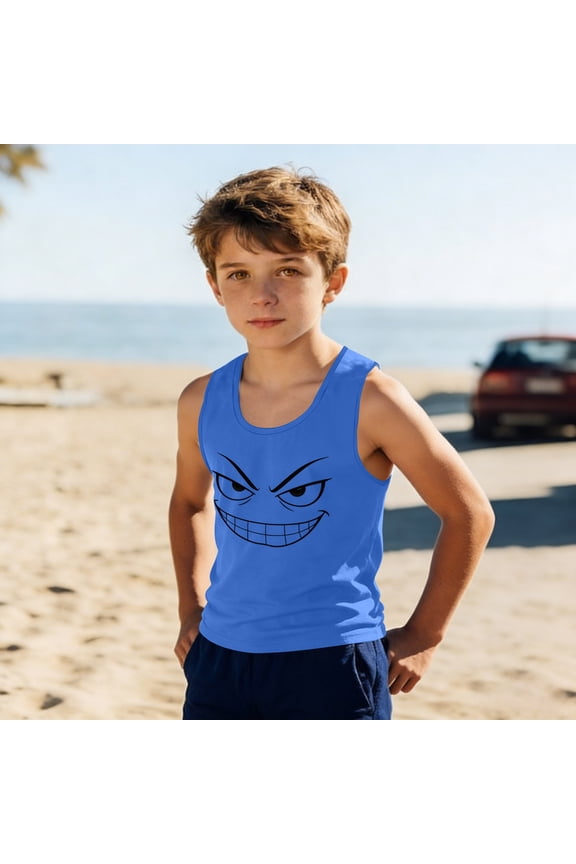 Kids Sleeveless Shirt for Boys - Blue Cartoon Graphic Tank Top, Breathable Performance Muscle Tee, Polyester Spandex, Sizes 4T-16,Size 4 T