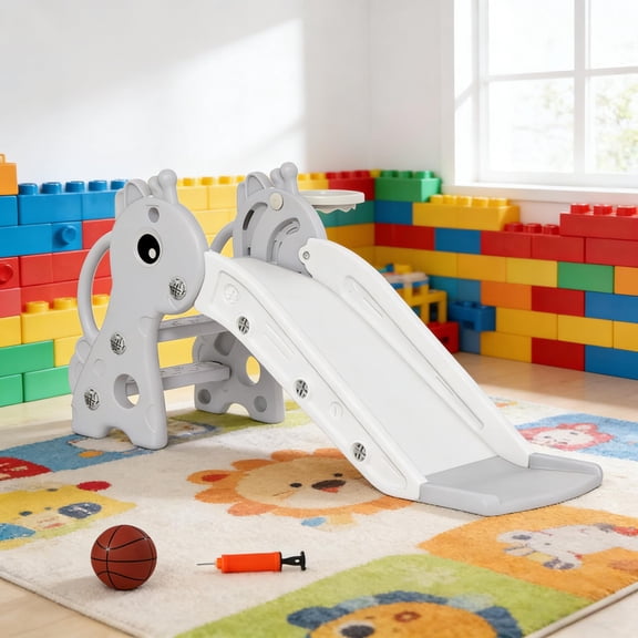 Kids Slide 3in1 with Basketball Hoop Toddler Slide Giraffe Design, NonSlip Steps, Indoor/Outdoor Play for Ages 13 Years (Gray & White )