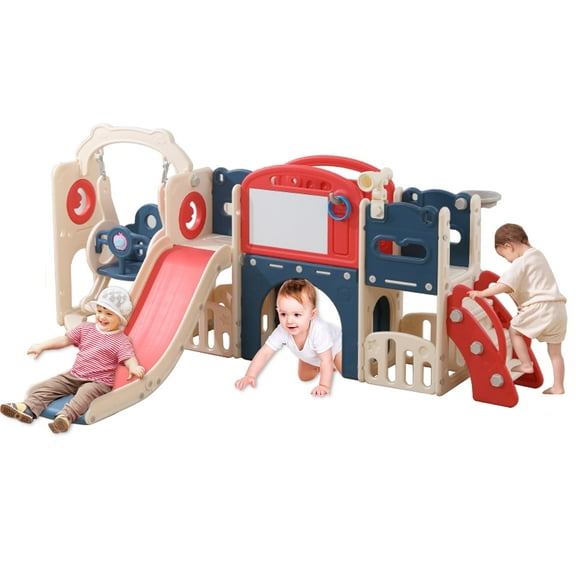 12-in-1 Kids Slide & Climber Playset for Toddlers 1-3 – Indoor/Outdoor with Basketball Hoop, Tunnel & Storage, White