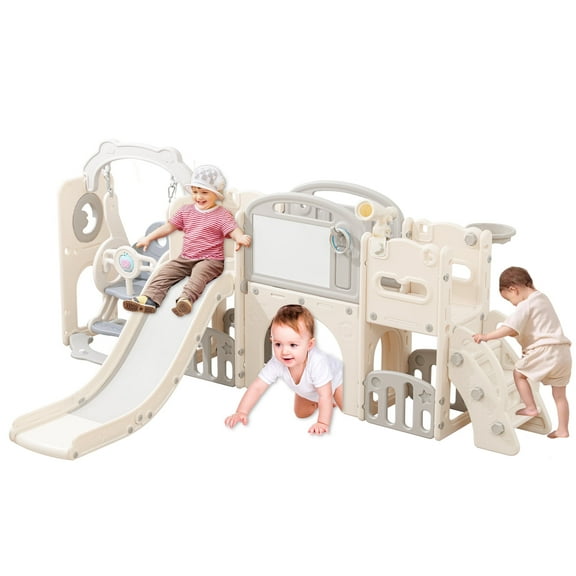 12-in-1 Kids Slide & Climber Playset for Toddlers 1-3 – Indoor/Outdoor with Basketball Hoop, Tunnel & Storage, White