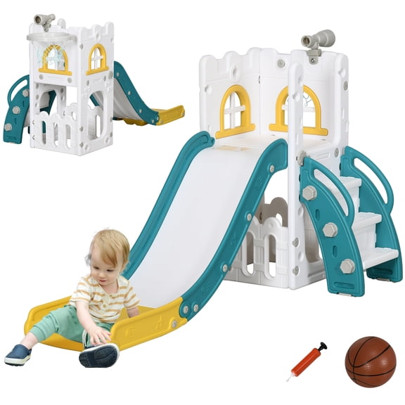 Kids Slide Qaba 5 in 1 Toddler Slide, Indoor Kids Slide Playset for 1-3 Years Olds with Basketball Hoop, Climber, Telescope & Storage Basket, Yellow,Toddler Slide