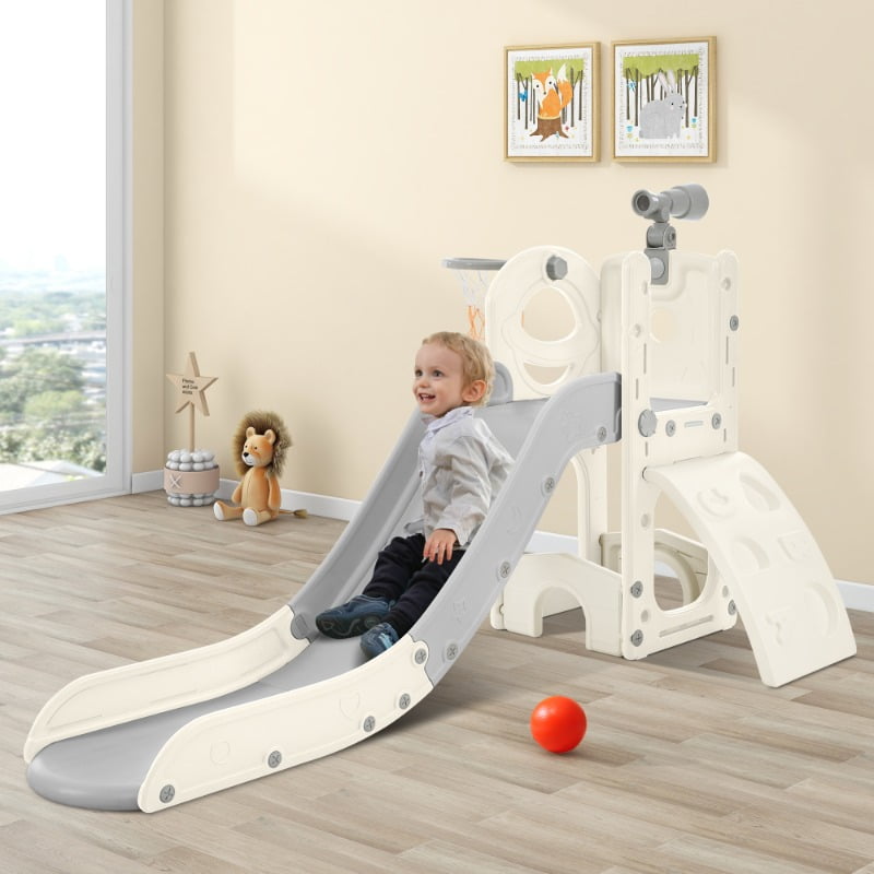 Kids Slide Toy Structure 5-in-1, Freestanding Spaceship Set with Slide, Telescope and Basketball Hoop, Toddler Golf Hole, Kids Climber Playground