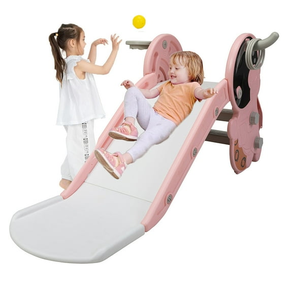 Kids Slide for Indoor and Outdoor, Freestanding Slide for Toddler Playground Slipping Slide Climber Toy Playset with Basketball Hoop, Ball& Ring Game