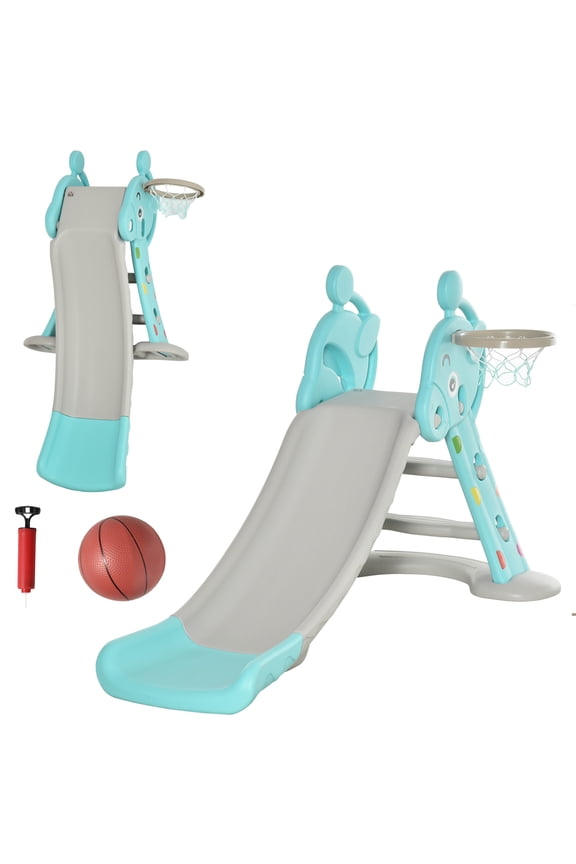 Kids Slides Qaba 2 in 1 Kids Slide with Basketball Hoop, Foldable Toddler Freestanding Slider Playset, for 18 months -4 Years Deer Shaped, Includes Basketball, Pump - Blue,Outdoor Kids Slides
