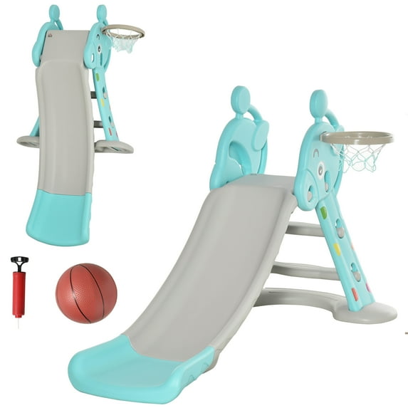 Kids Slides Qaba 2 in 1 Kids Slide with Basketball Hoop, Foldable Toddler Freestanding Slider Playset, for 18 months -4 Years Deer Shaped, Includes Basketball, Pump - Blue,Outdoor Kids Slides