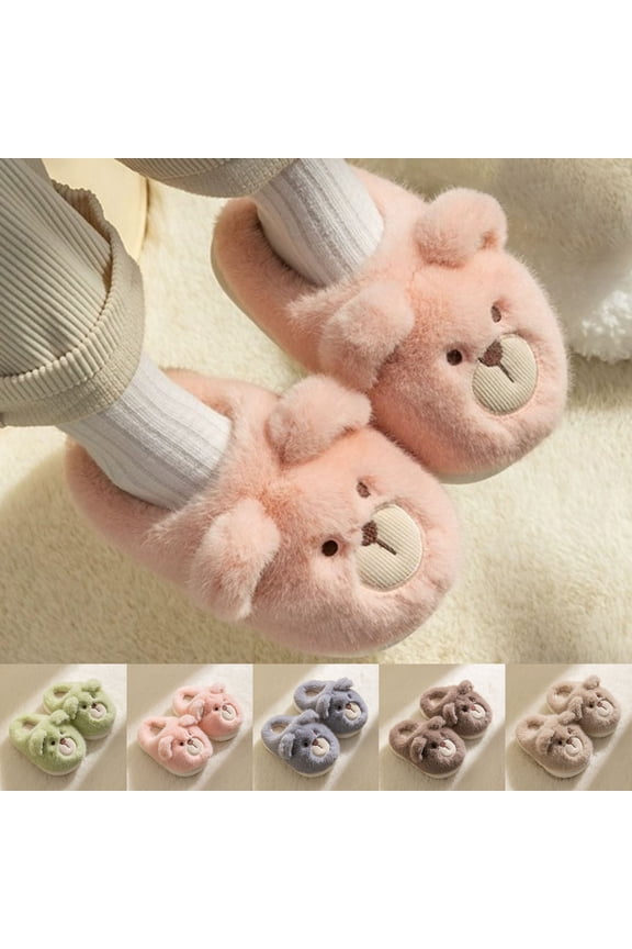Kids Slippers Fall Winter Warm Fuzzy Indoor Cute Bear Shoes Cozy Home Soft Closed Toe Slip On Baby Shoes Pink Sizes 2-2.5 Y