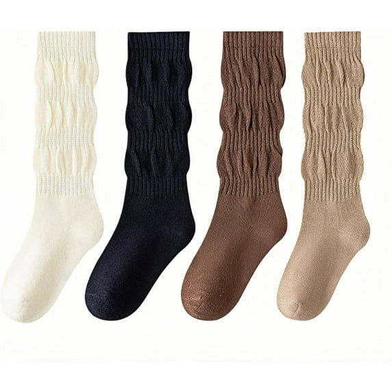 Kids Slouchy Ribbed Cotton Socks – Midway Between Crew and Knee High Socks for Girls (Ages 4-12, Pack of 4 Colors)