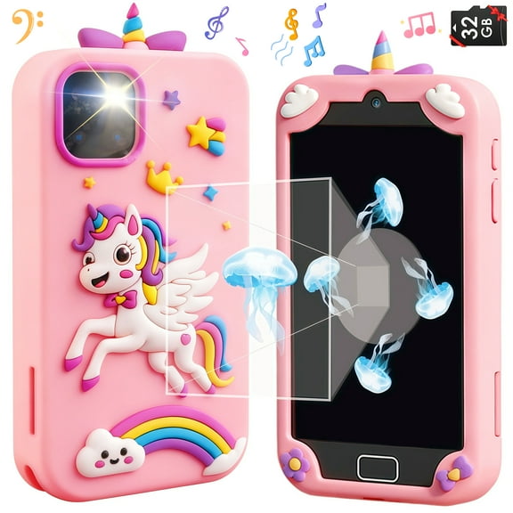 Teblint Kids Smart Phone with Holographic Pyramid, 4" Touchscreen Toddler Learning Play Toy, Kids Cell Phone Toy with 32 GB Card, Christmas Birthday Gift for Ages 3-12, Dual Camera, Music Player